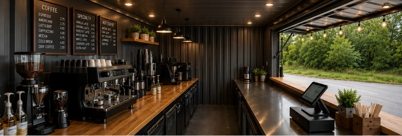 Container coffee shop interior with espresso bar