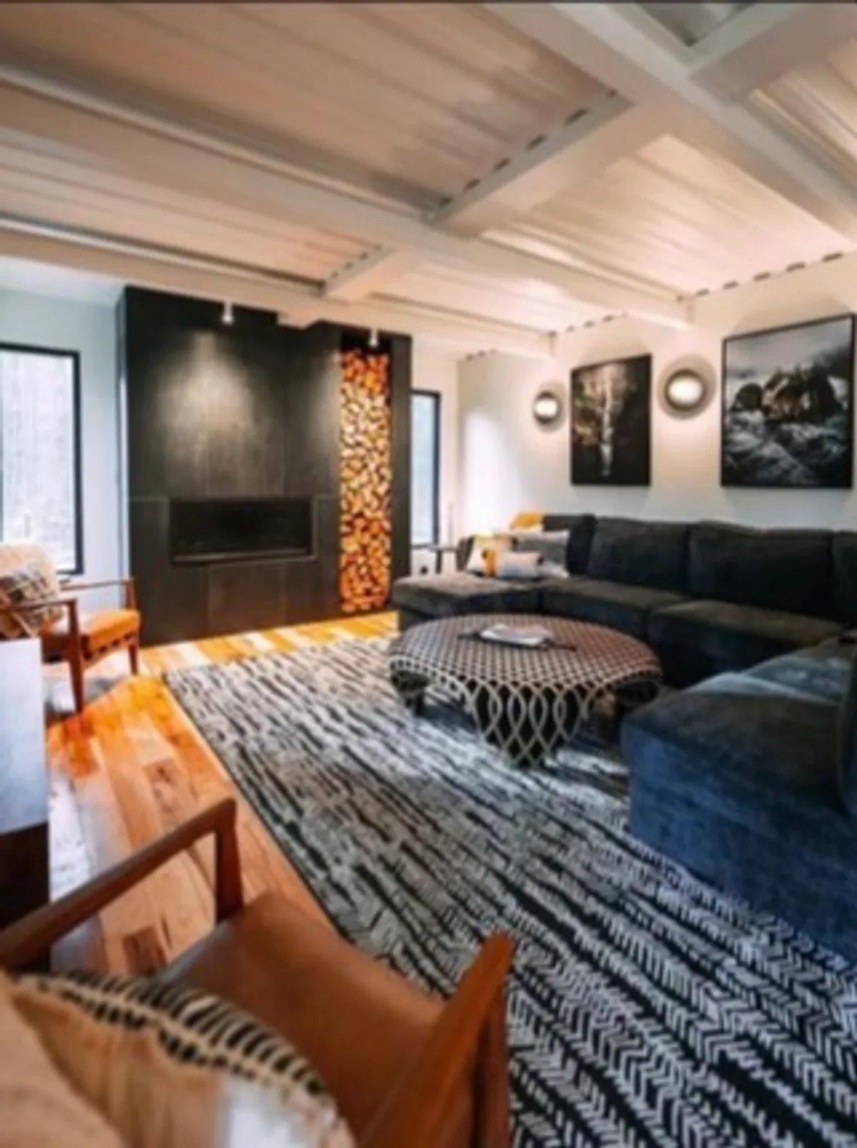 Finished container home living room with fireplace and modern furnishings
